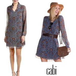 CAbi Provincial Long Sleeve Blue Pattern Dress Size Small V-Neck Collar Lined
